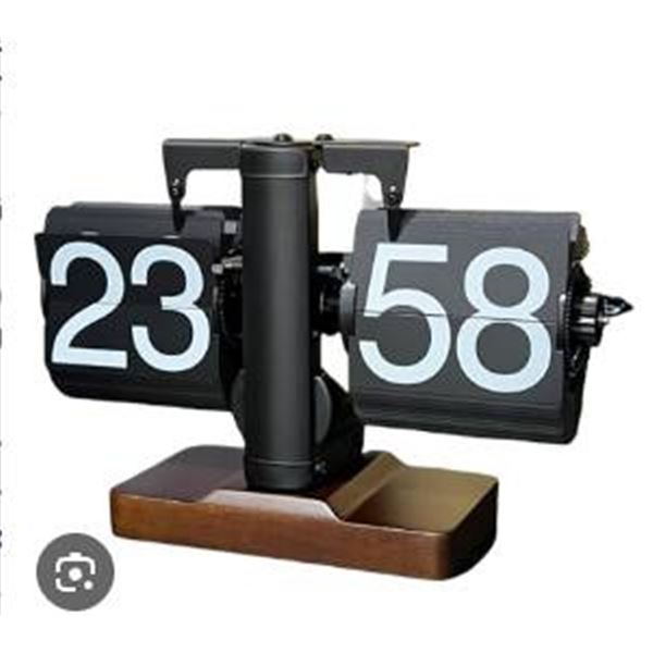 Mechanical Flip Clock With Wooden Base, Time Display 8:04 PM Shown