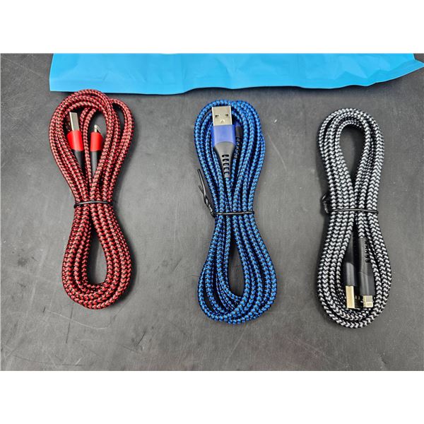 3 USB Cables in Red, Blue, and Black Braided Design