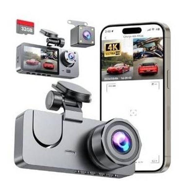 Dash Cam with 4K UHD, 3 Cameras, Night Vision, and G-Sensor Technology