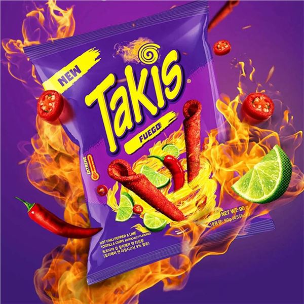 Takis Fuego Rolled Tortilla Chips, Chili Pepper and Lime, 18 x 90g Packs