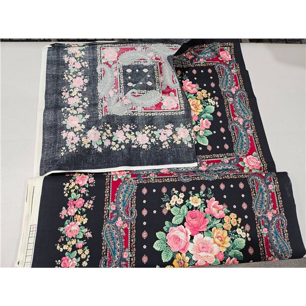 Floral Pattern Textile Yardage with Multicolor Design on Black Background