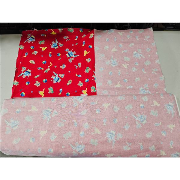 Red And Pink Patterned Textile Roll With Colorful Bear Design