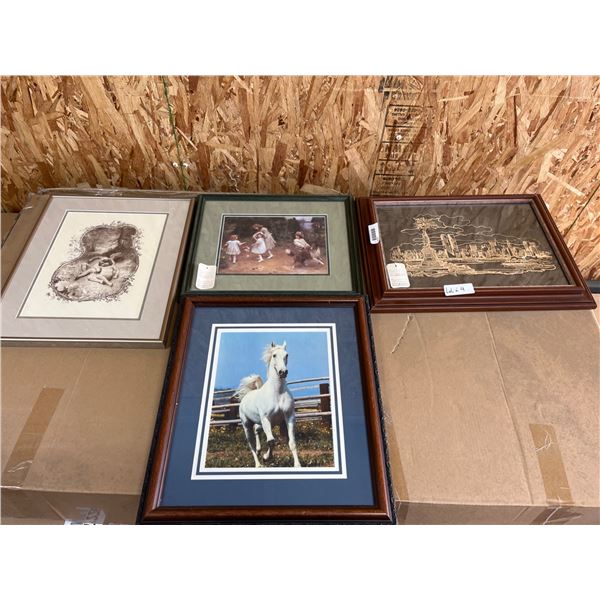 Four Framed Art Prints Including Animal Portraits and Architectural Scene