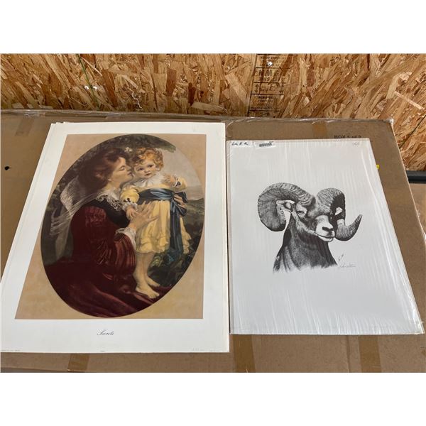 Two Art Prints: Mother with Child and Ram Head Sketch