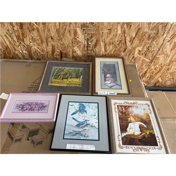 Five Framed Art Pieces Featuring Various Subjects in Wood Frames