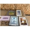 Image 1 : Five Framed Art Pieces Featuring Various Subjects in Wood Frames
