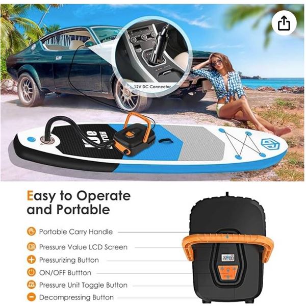 SUP Pump, 22PSI High Pressure SUP Air Pump, 12V Paddle Board Pump Dual Stage Inflation & Auto-Off Fe