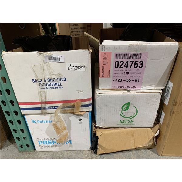 Lot of 5 Assorted Size Trash Bags in Various Types