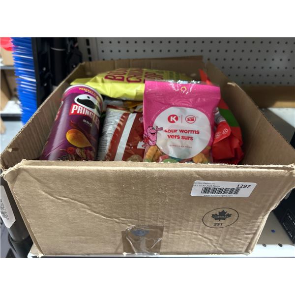 Lot of Assorted Snack Foods Including Chips and Gummies