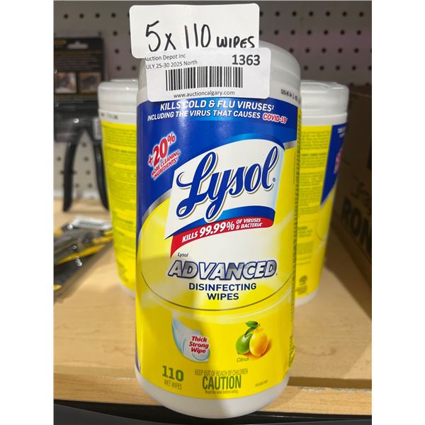 Lysol Advanced Disinfecting Wipes Lemon Scent, 5 Canisters, 110 Wipes Each