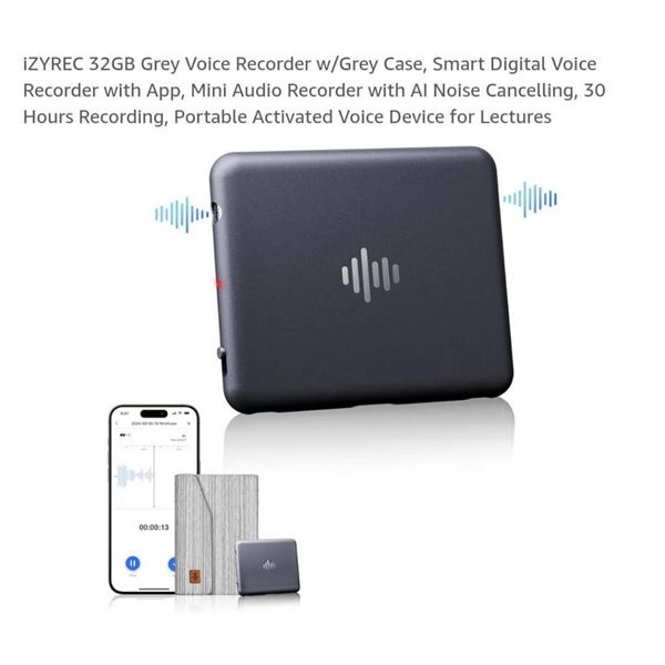 IZYREC 32GB Grey Voice Recorder w/Grey Case, Smart Digital Recorder w/AI Noise Cancelling