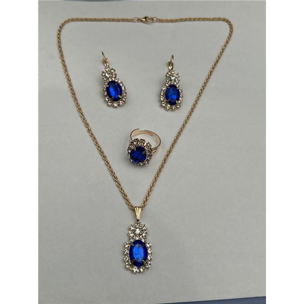 Gold-Tone Jewelry Set with Blue Oval Cut Stones