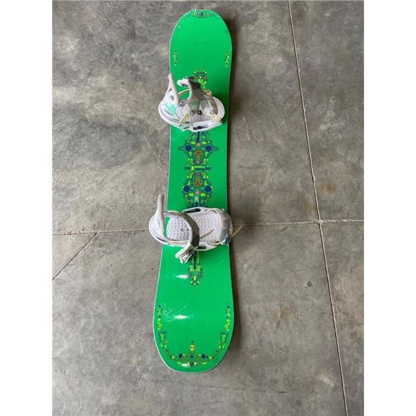 Green Snowboard with Bindings and Decorative Yellow Underside