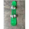 Image 1 : Green Snowboard with Bindings and Decorative Yellow Underside