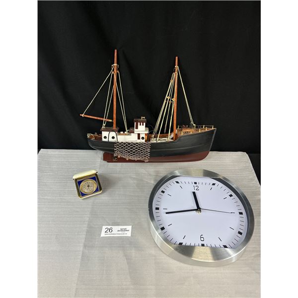 Home Décor Lot of Wall Clock, Travel Clock and Wooden Fishing Boat
