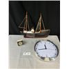 Image 1 : Home Décor Lot of Wall Clock, Travel Clock and Wooden Fishing Boat