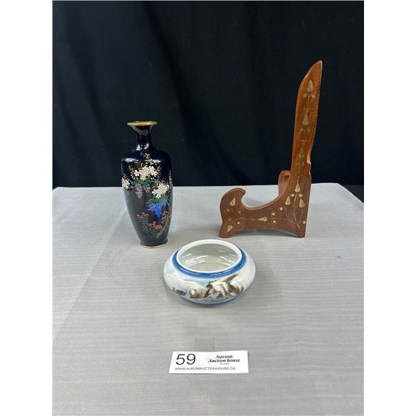 Vintage Stamped Cloisonne Vase, Signed Bowl and Wood Plate Stand w/ Brass Inlay