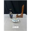Image 1 : Vintage Stamped Cloisonne Vase, Signed Bowl and Wood Plate Stand w/ Brass Inlay