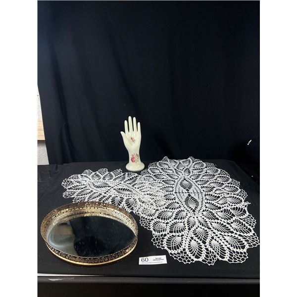Vintage Mirrored Vanity Tray, Porcelain Hand Figure and Pretty Chrocheted Doily