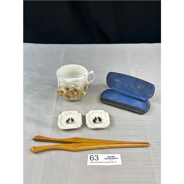 Antique Mustache Cup, Eyeglass Case, Wooden Glove Stretcher and Ashtray
