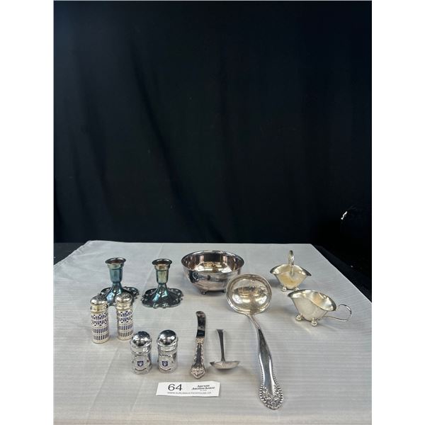 Vintage Silverplate - Sauce Dish w/ Spoon, Large Ladle, Birks Knife, Cream/Sugar, Cobalt Salt Pepper