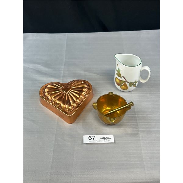 Vintage Brass Mortar and Pestle, Copper Mould and Royal Wercester Creamer