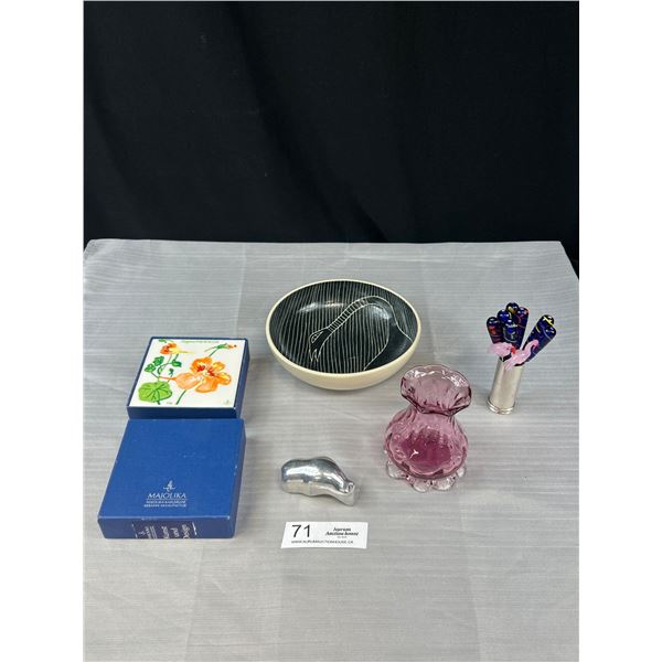 Mid - Century Bowl, Hoselton Figure, Blown Glass Appy Picks and Keramik Coaster Set in Box