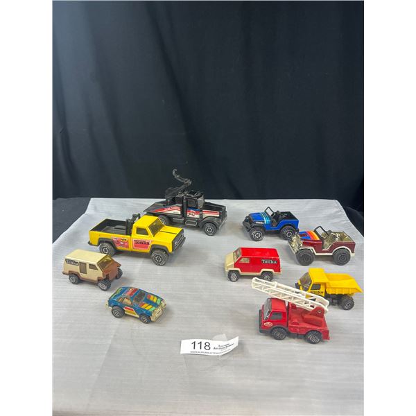 9 Pieces Vintage Tonka Trucks, Jeeps, Vans, Etc