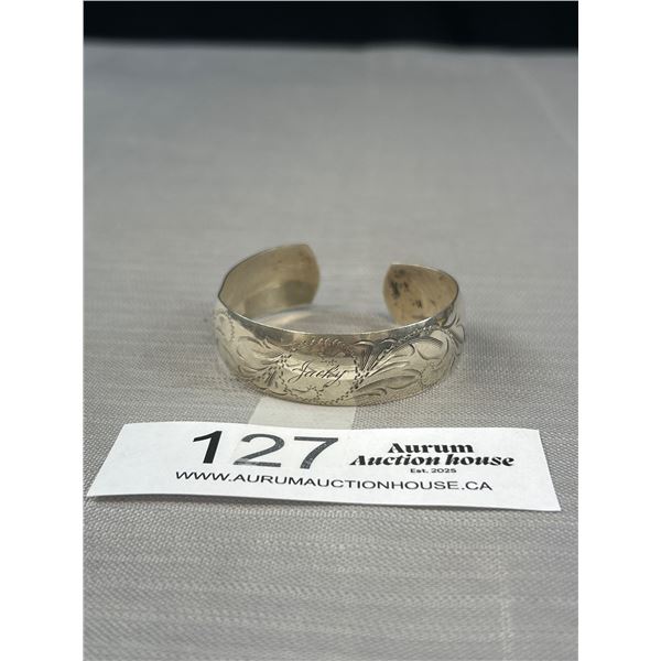 Vintage Sterling Silver Hand Engraved Open Cuff Bangle in Good Condition