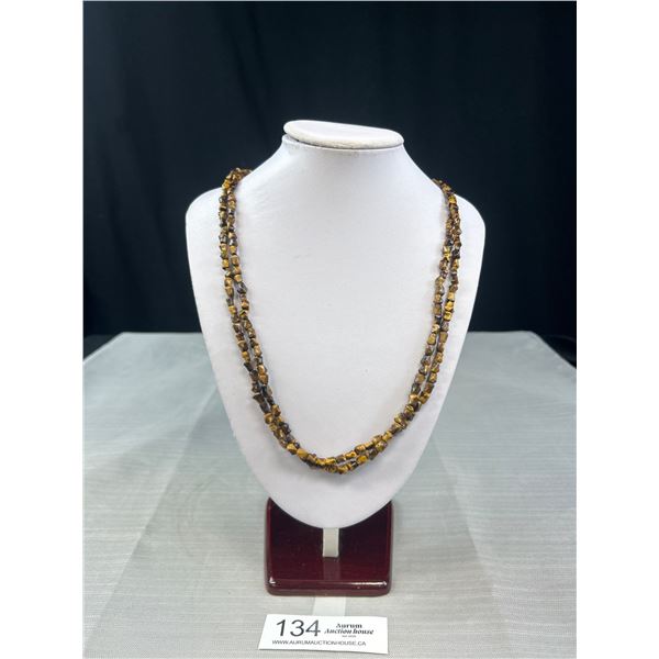 Vintage Double Strand Carved Tigereye Beads Necklace w/ Original Silver Locket
