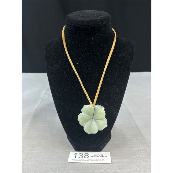 Harved Carved Green Chinese Jade Pendant w/ Leather Cord Necklace