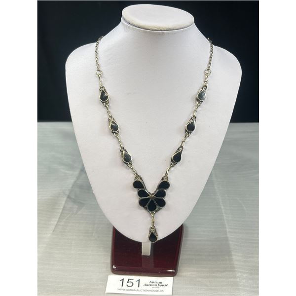 Vintage Silver w/ Black Onyx Stones Inlaid Neckalce