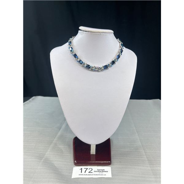 Vintage Silver Plated w/ Glass + Rhinestones Choker Necklace