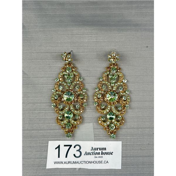 Gorgeous Pair of Gold Plated Green Rhinestones Dangle Earrings