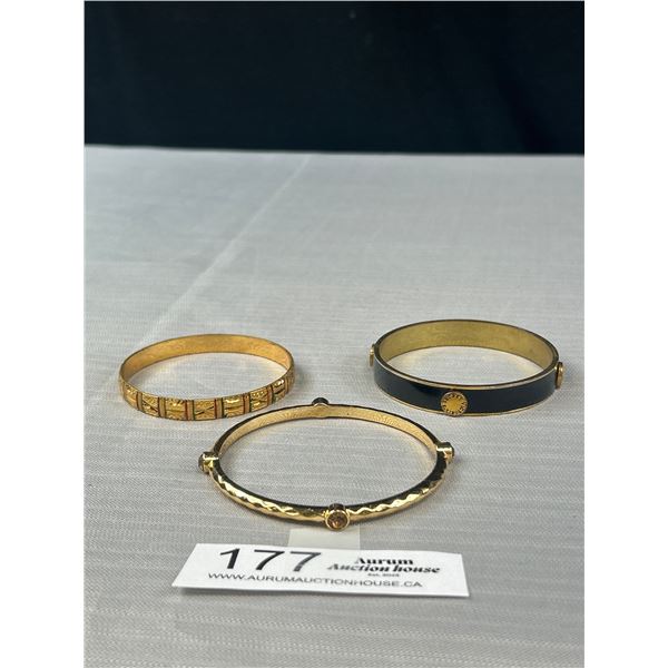 3 Vintage Gold Tone Bangles, One Marked Victoria Secret and One Graziano