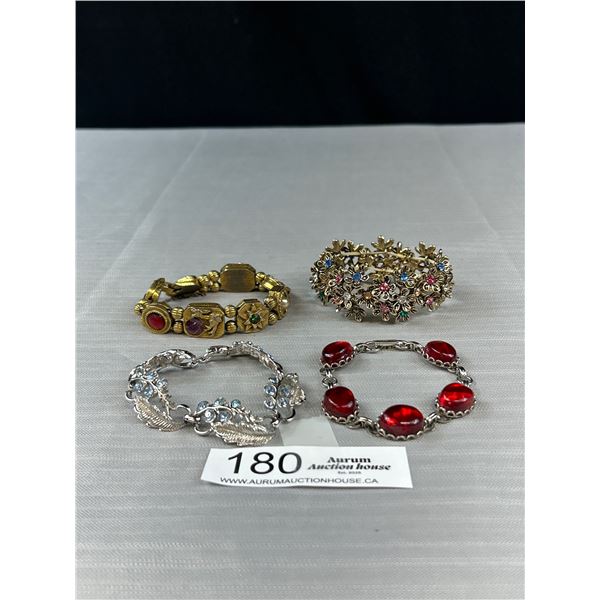 4 Vintage Glass Rhinestones + Pearls Bracelets One Marked Cord