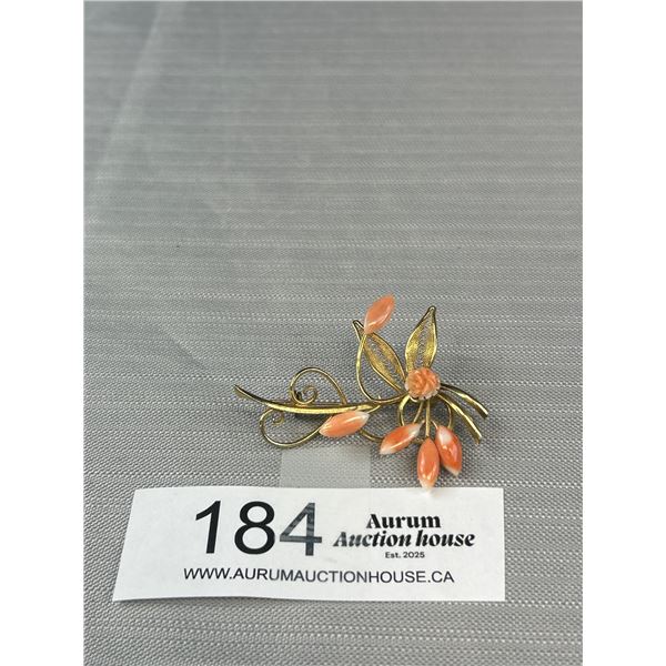 Vintage Gold w/ Genuine Coral Stones Brooch