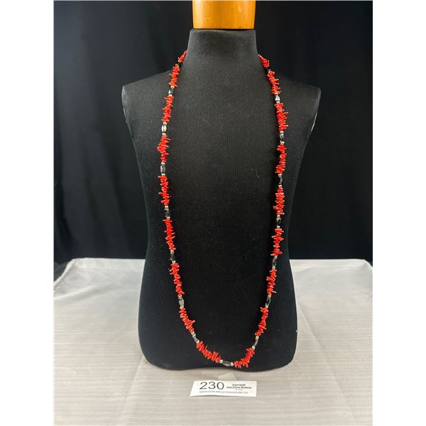 Genuine Branch Dark Red Coral w/ Black Alaskan Diamond Beads Necklace