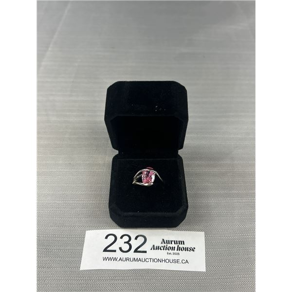 White Gold Plated w/ Pink Stone Ring Marked 18K in Black Ring Box