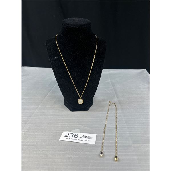 Gold w/ Tiny Stones + Mother of Pearl Center Pendant w/ Chain Necklace Marked P/B