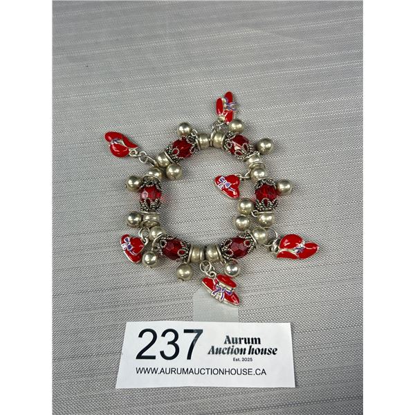 Unique Silver Tone w/ Pearls + Enamel Red Hat Charms Bracelet