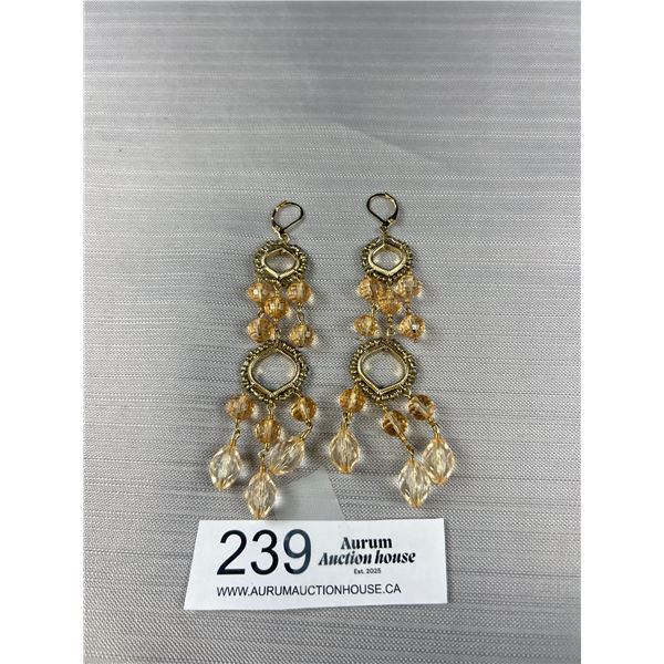 Pair of Very Long Crystal Beads Dangling Earrings w/ Shepard Hooks