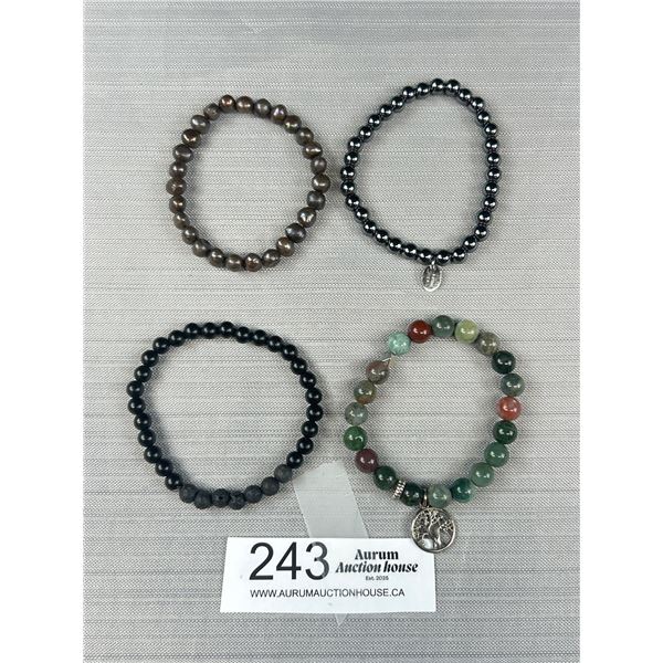 3 Gem Stone Beads + One Dark Blue Cultured Fresh Water Pearls Bracelets