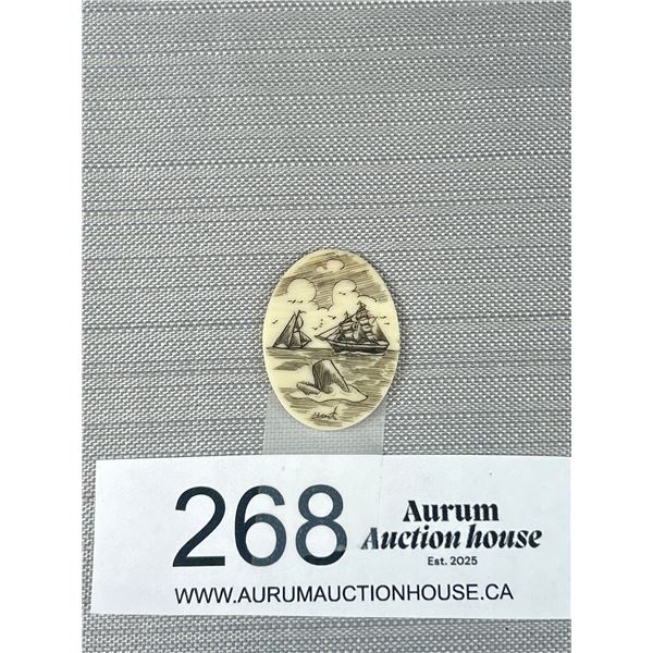 A Good Whaling Scene Scrimshaw Pendant (Signed) Marine Ivory