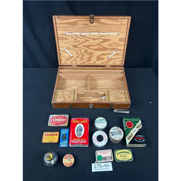Vintage Wooden Desk Box Filled w/ Small Tins and 2 Tobacco Tins