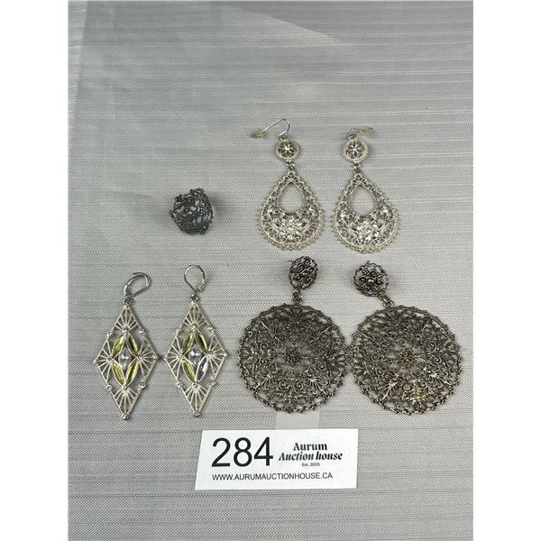 3 Pairs of Vintage Silver Filigree Dangle Earrings + 1 Ring