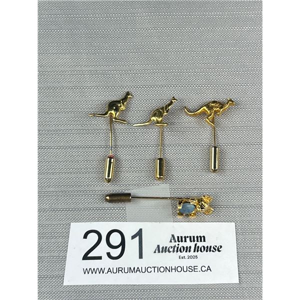 4 Gold Australian Stickpins, One w/ Genuine Opal Stones