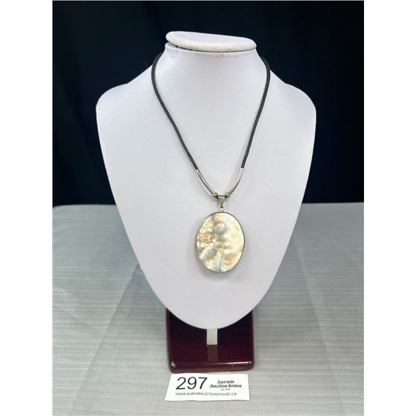 Large Mother of Pearl Silver Framed Pendant w/ Black Cord Necklace