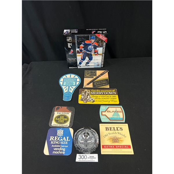 Vintage Collectible Lot of Beer Coasters, A Murphies Irisih Stout Paperweight and Unopen NHL Puzzle