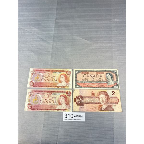 Lot of 4 Old Bank of Canada $2 Notes, 1954 and Newer